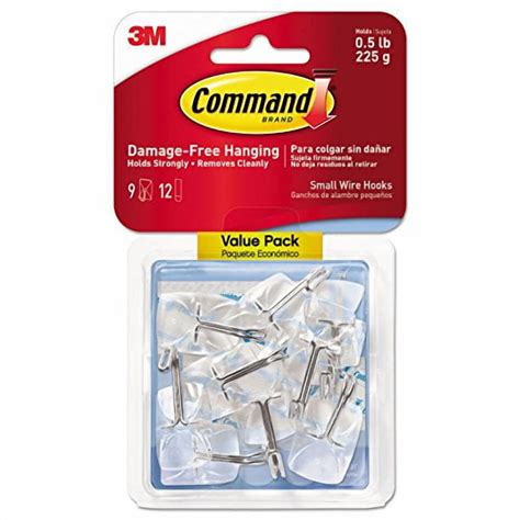 3M Command 17067Clr9es Clear Hooks & Strips, Plastic/Wire, Small, 9 Hooks W/12 Adhesive Strips/Pack