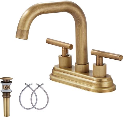 Review Product Bathroom Vanity Faucet GGStudy 2-Handles 4 Inches Centerset Bathroom Sink Faucet Antique Brass with Drain Assembly and Supply Hose Lavatory Faucet Mixer Double Handle Tap Deck Mounted