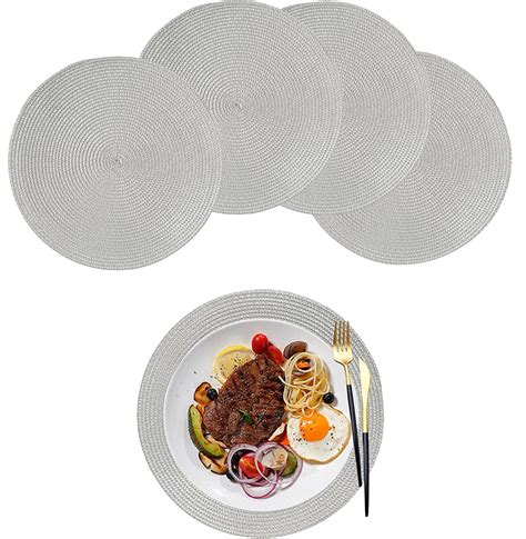 Black Friday 🔥 Darnell Nehemiah 4Pcs/lot Round Weave Placemat Fashion PP Dining Table mat Disc Pads Bowl Pad Coasters Non-Slip Waterproof Table Decoration (Blue)