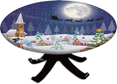 Elastic Edged Polyester Fitted Table Cover,Winter Season Snowman Xmas Tree Santa Sleigh Moon Present Boxes Snow and Stars,Fits up 45"-56" Diameter Tables,The Ultimate Protection for Your Table,Blue Wh