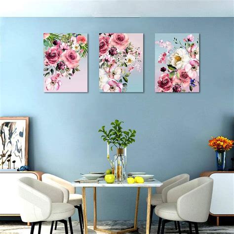 Flower Canvas Wall Art for Bedroom Woman Wall Decor Pink White Flowers Picture 3 Piece Framed Artwork Modern Plant Floral Canvas Prints for Kitchen Home Bathroom Girls Room Wall Decoration 16"x24"
