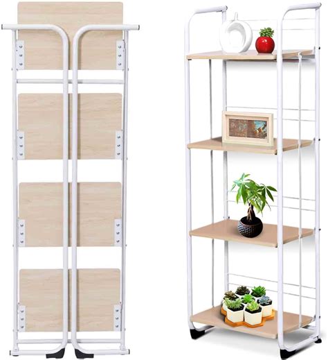 Giantex 4 Tier Folding Shelf with Rubber Feet Protect Steel Cart Foldable Shelves Kitchen Dining Storage Cart