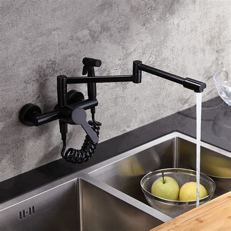HOSINO Black Kitchen Pot Filler Faucet, Wall Mount Stove Faucet with Solid Dual Joint Swing Arm Kettle Faucet Double Valves Pull Out Faucet in Brass Body