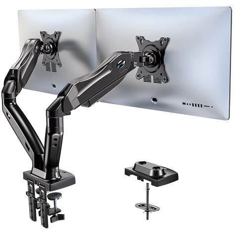 HUANUO Dual Monitor Stand - Adjustable Spring Monitor Desk Mount Swivel Vesa Bracket with C Clamp, Grommet Mounting Base for 17 to 27 Inch Computer Screens - Each Arm Holds 4.4 to 14.3lbs