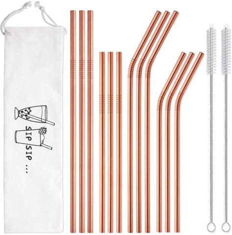Hiware 12-Pack Rose Gold Metal Straws Reusable with Case - Stainless Steel Drinking Straws for 30oz and 20oz Tumblers Yeti Dishwasher Safe, 2 Brushes Included