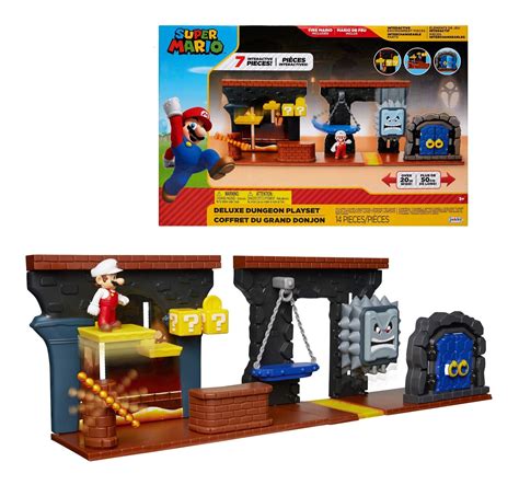 Exclusive Discount 50% Price Nintendo Super Mario Dungeon Deluxe Play Set, Includes: 2.5” Fire Mario Figure & 7 Interactive Environmentpiece Moving Platforms & Thwomp, Spinning Fire Balls, Hidden Coin, Swing, & Door