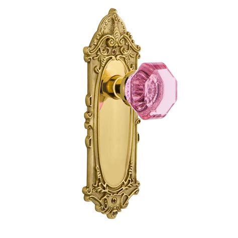 Nostalgic Warehouse 725181 Victorian Plate Privacy Crystal Pink Glass Door Knob in Polished Brass, 2.75