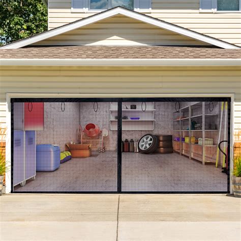 Reinforced Magnetic Garage Screen Door for Single Garage Doors 16“Wx7"H（FT）Reinforced Fiberglass Door Screen,Stronger High Energy Magnets Full Frame Hook&Loop, Hands Free, Pet and Kid Friendly