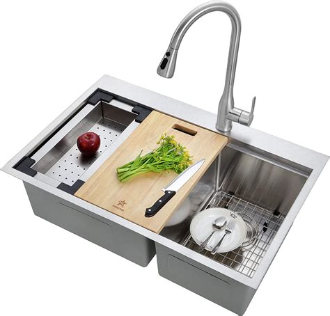 Get Special Price STARSTAR Workstation Ledge Drop-in/Topmount Double Bowl 304 Stainless Steel Kitchen Sink, With Two Grids, Colander, Cutting Board, Two Strainers (36 x 22 x 10 50/50)