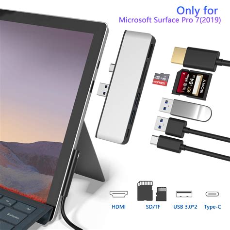 Surface Pro 7 USB C Hub, 6-in-2 Aluminum Surface Pro 2019 Dock with 4K HDMI Adapter+ USB C Audio & Data Transfer Port +2 USB 3.0+SD/TF Card Reader, Converter Combo Adaptor for Microsoft Surface Pro 7
