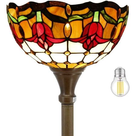 Torchiere Lamp LED Tiffany Floor Uplight 66" Tall Industrial Bronze Pole Vintage Boho Stained Glass Red Tulip Retro Rustic Standing Corner Bright Torch Light Living Room Kids Bedroom Office WERFACTORY