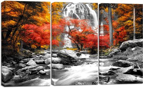 Visual Art Decor Black White Red Canvas Wall Art Autumn Yellow Orange Trees Forest Waterfall Lake Picture Prints for Modern Home Living Room Office Decoration (5 Pieces)